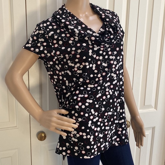 Chico’s Womens Size 2 (L) Black Blouse With Droopy Neckline. Polka Dots - Picture 3 of 12